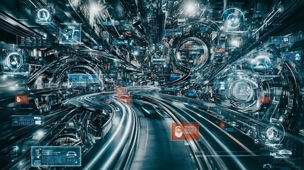 Futuristic city transportation network holographic overlays