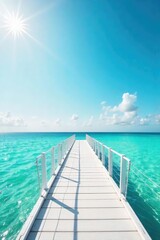 Sun-drenched white pier extending into calm turquoise water, perfect for a relaxing summer scene Ideal for travel, vacation, or coastal lifestyle imagery , planks, peaceful scene, resort