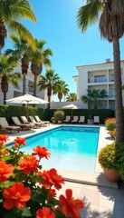 Sun-drenched hotel poolside, vibrant flowers, lush greenery, inviting lounge chairs, clear blue sky, perfect summer getaway , resort, serene