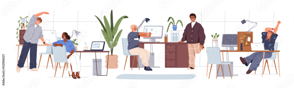 Poster office workers exercising at workplaces. employees stretching at work desks, physical relief at comp