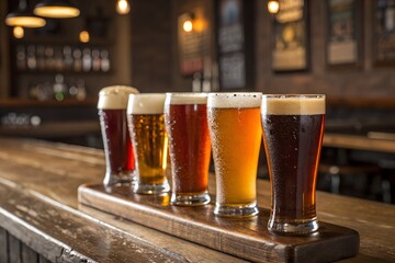 Five Glasses of Beer on Wooden Board in Bar