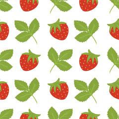 Red strawberries vector seamless pattern, seamless fruit design, strawberry with leaves pattern