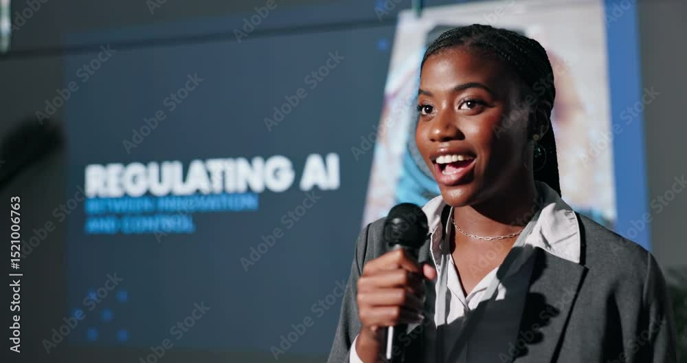 Poster black woman, seminar and speaker with microphone at event for regulating ai pros and cons. female le