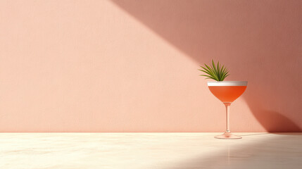 Minimal beach scene featuring cocktail glass with plant garnish against soft pink wall