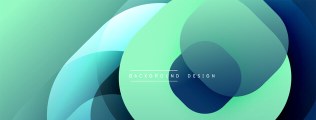 Abstract background features overlapping circles. Colors blend from teal to blue. Modern design elements create dynamic visual effect.