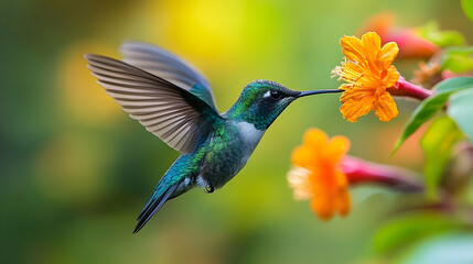 Fototapeta premium A hummingbird in flight, feeding from a vibrant flower.