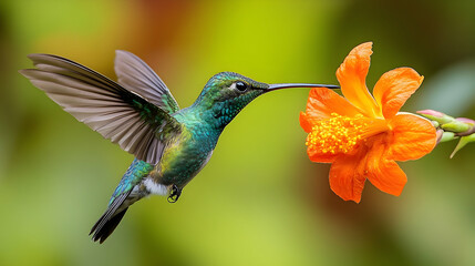 Fototapeta premium Hummingbird feeding on a vibrant orange flower.