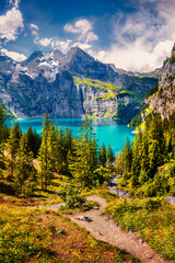Picturesque summer view of unique Oeschinensee Lake