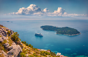 Breathtaking summer seascape of Adriatic sea. Astonishing morning view of Lokrum island from Dubrava Observation Point, Croatia, Europe. Beautiful world of of scene Mediterranean countries.