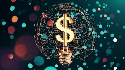 Glowing wireframe dollar symbol inside lightbulb form with bokeh background, symbolizing innovation, money, ideas and financial technology inspiration - Powered by Adobe