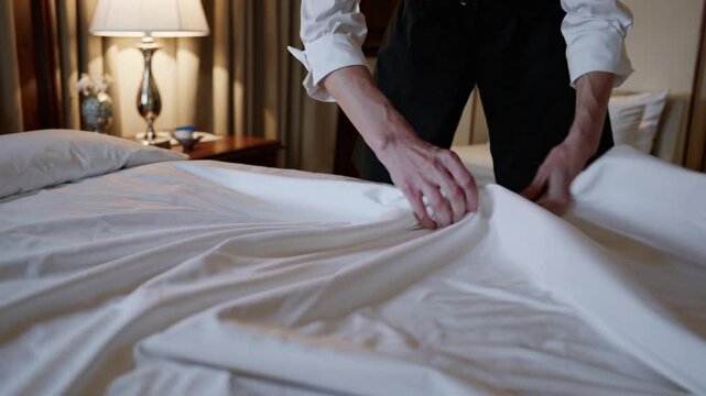 Professional hotel housekeeper carefully spreading crisp white sheets across neatly arranged bed, demonstrating meticulous cleaning and organizational skills in pristine hotel bedroom