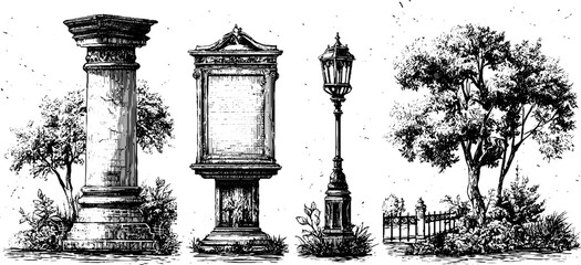 Engraved architectural elements with concrete pillar, historical plaque, and vintage lamp post design