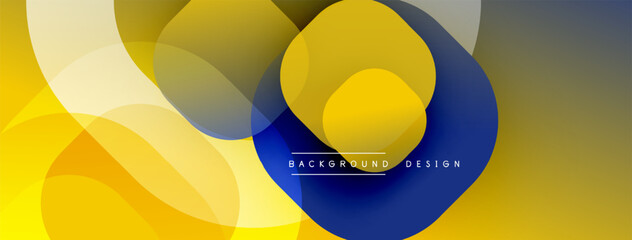 Abstract geometric shapes overlap. Yellow, blue, white hues create modern design. Background features smooth gradients, dynamic composition.