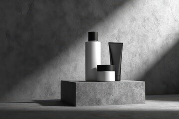 Minimal skincare product set mockup on concrete podium with monochrome background