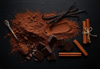 Aesthetic flat lay of cocoa powder, chocolate chunks, vanilla pods, and cinnamon sticks on dark background, moody editorial food shot