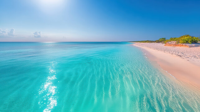 Crystal clear turquoise water meets pristine sandy beach under bright blue sky - Powered by Adobe