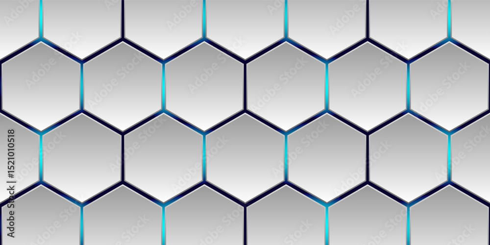 Wall mural white 3d hexagonal technology vector abstract background. blue bright energy flashes under hexagon i