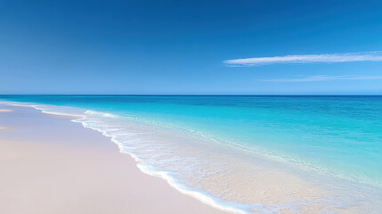 Fototapeta premium Serene beach scene with soft waves lapping at shore under clear blue sky