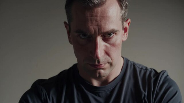 Charismatic male actor displaying intense determination, gradually approaching with powerful, confrontational gaze and menacing expression
