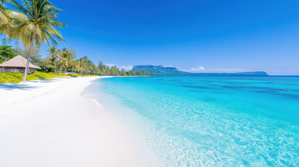 Fototapeta premium Serene beach scene with soft white sand, clear aqua water, and lush palm trees bright blue sky