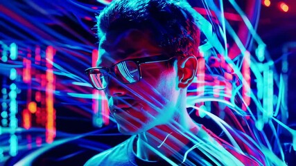Futuristic neon-lit man in glasses surrounded by digital holograms, symbolizing artificial intelligence, data processing and advanced tech interface visualization - Powered by Adobe