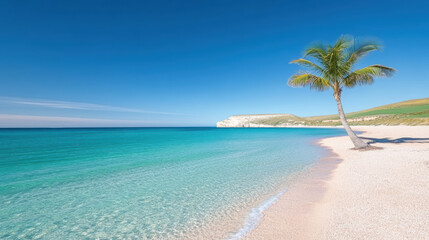 Serene coastal scene featuring palm tree by clear turquoise water and sandy beach. vibrant blue