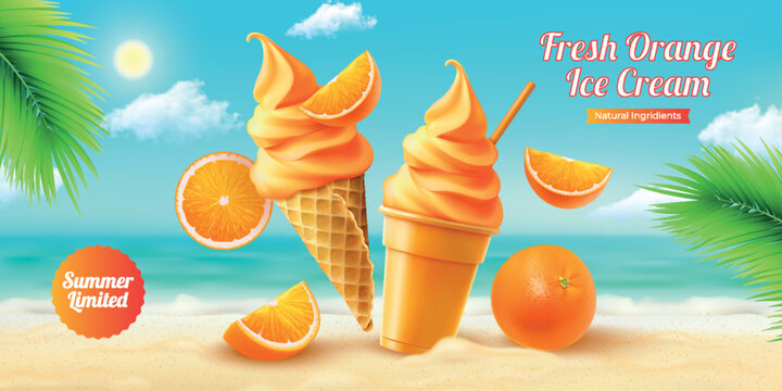 Summer advertisement of citrus ice cream with fresh tasty orange fruits. Natural dessert against the background of a tropical beach with palm leaves.