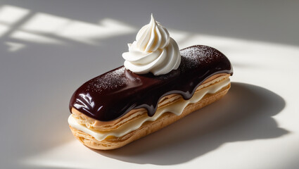 A French éclair with chocolate glaze and cream filling