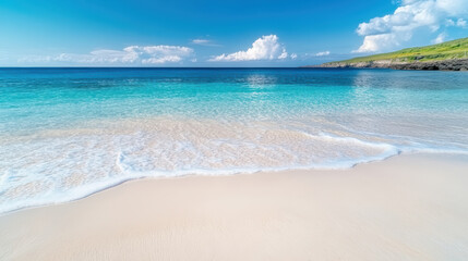 Fototapeta premium Serene beach scene with soft white sand and calm turquoise waters under clear blue sky