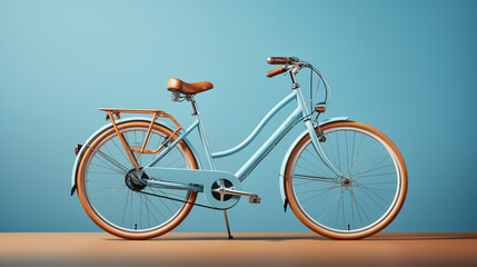 Fototapeta premium Light blue bicycle with brown leather seat and handlebars on simple background.