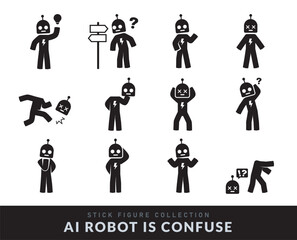 Various Poses of the Confused AI Robot. Various pose of Stick Figure. Vector Illustration