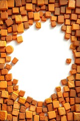 falling caramel candy cubes forming a dynamic sweet frame border on a clean white background