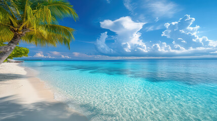 Fototapeta premium Serene tropical beach with clear turquoise water, soft white sand, and palm trees swaying gently