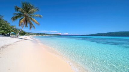 Serene sun soaked beach with clear turquoise waters and gentle palm trees swaying in breeze