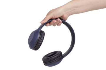 blue wireless headphones in hand