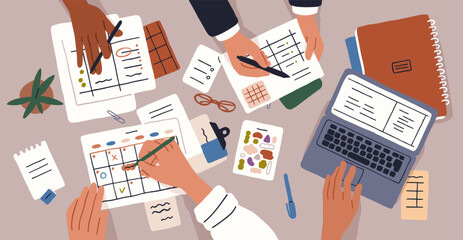 Hands at office table, planning and organizing work agenda, business calendar. Corporate team during schedule organization, at desk with laptop and paper notes, top view. Flat vector illustration