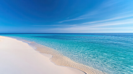 Obraz premium Serene beach scene with gentle waves lapping at shore under clear blue sky