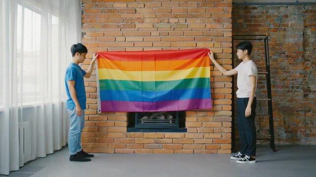 Couple hanging LGBT flag at home.