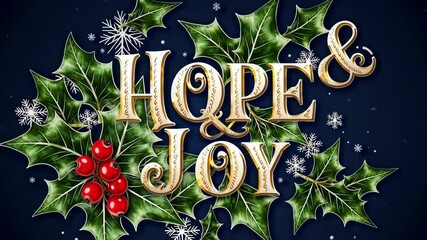 Festive sparkling typography “Hope & Joy” with holly leaves and red berries on dark background, symbolizing Christmas spirit, holiday message and cheerful winter greeting design - Powered by Adobe