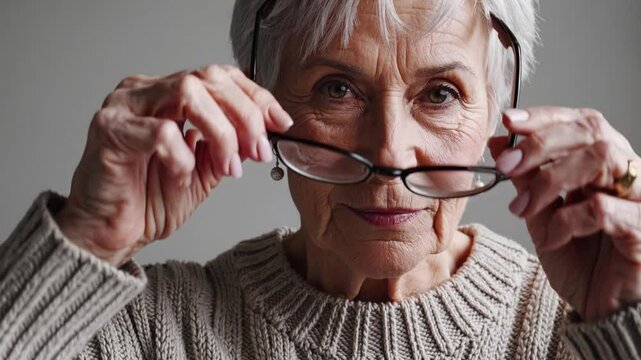 Senior woman carefully adjusting corrective eyewear, demonstrating confident and elegant posture against neutral studio background with calm, contemplative expression