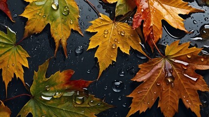 Autumn leaves with water drops