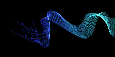 Abstract flowing dynamic wavy lines isolated on dark background. Digital motion element for design technology background.