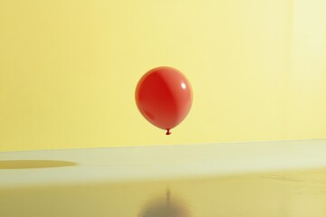 Single red balloon hovering above a reflective yellow surface in a minimalist pastel yellow background