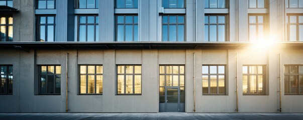 Modern building facade with large windows reflecting sunlight, showcasing an industrial yet contemporary architectural style.