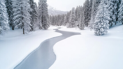 Serene winter landscape featuring winding stream surrounded by snow covered trees, creating