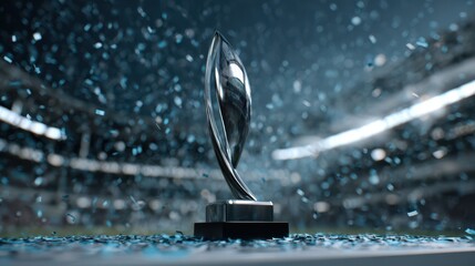 Close up sports trophy cup with confetti in stadium background excitement moment