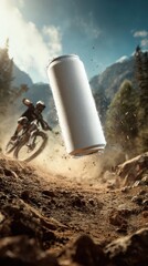 Blank soda can mockup in mid-air with dirt and water splashing around with extreme sport mountain bike trail background for energy drinks commercial