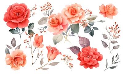 Watercolor Coral Roses and Floral Elements Collection