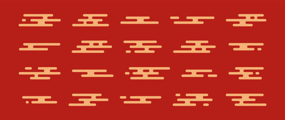 Japanese cloud pattern, Chinese style gold line, oriental simple shape, Korean element icon Asian motif. Abstract China symbol, yellow geometric Tibetan set on dark red background. Vector illustration
