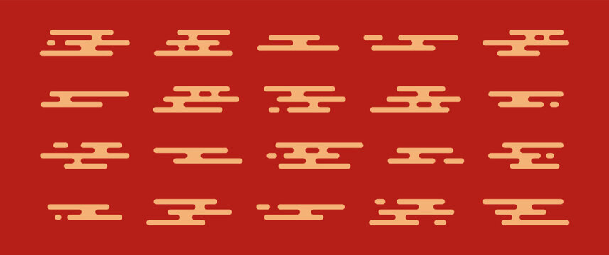 Japanese cloud pattern, Chinese style gold line, oriental simple shape, Korean element icon Asian motif. Abstract China symbol, yellow geometric Tibetan set on dark red background. Vector illustration